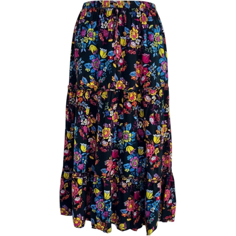 Falling Flower Womens XL Black Floral Tiered Rayon Maxi Skirt Boho Multicolored